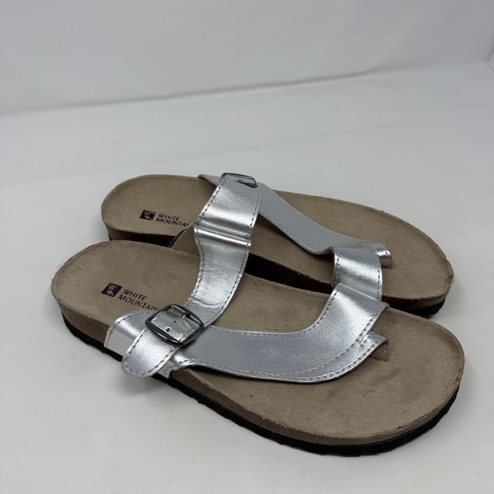 White Mountain Carly Silver Metallic Leather Slide Sandals Womens 10M